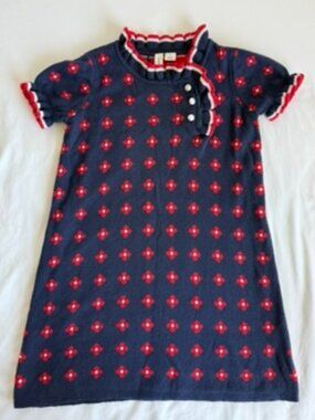 Janie and Jack Girls Navy Red Floral Knit Sweater Dress Size 3 Ruffle Collar